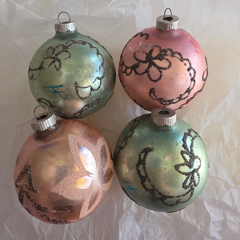 VTG RARE Pre WWII Shiny Brite Germany Christmas Ornaments Pink Green Mica Lot 4